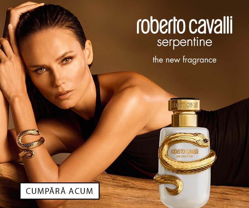 Parfum Roberto Cavalli Serpentine pentru femei, sticlă elegantă cu design auriu, aromă senzuală și sofisticată.